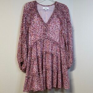CeCe Ruffled Long Sleeve Tiered Babydoll Dress Pink Floral Women's Size 8